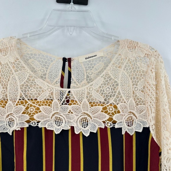 Bluheaven Black Red Striped Bell Sleeve Ruffle Hem Lace Shift Dress Size Medium - Picture 4 of 13